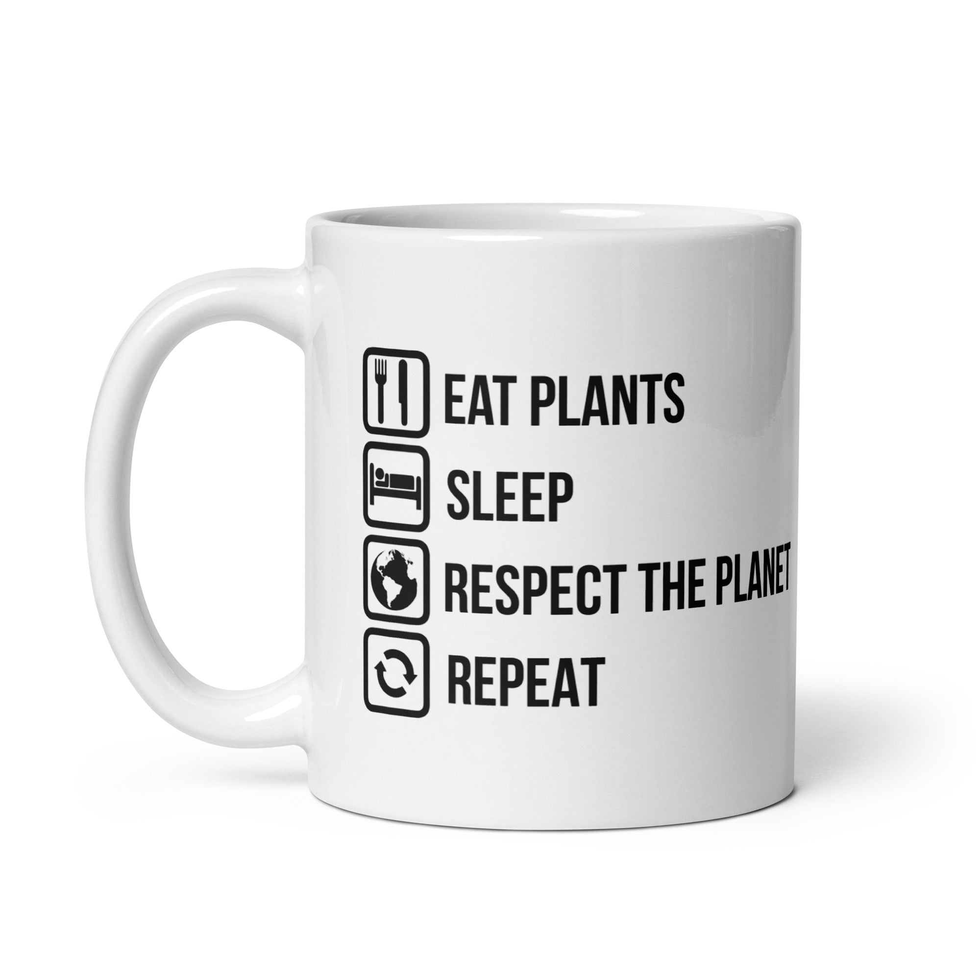 EAT PLANTS RESPECT THE PLANET White glossy mug