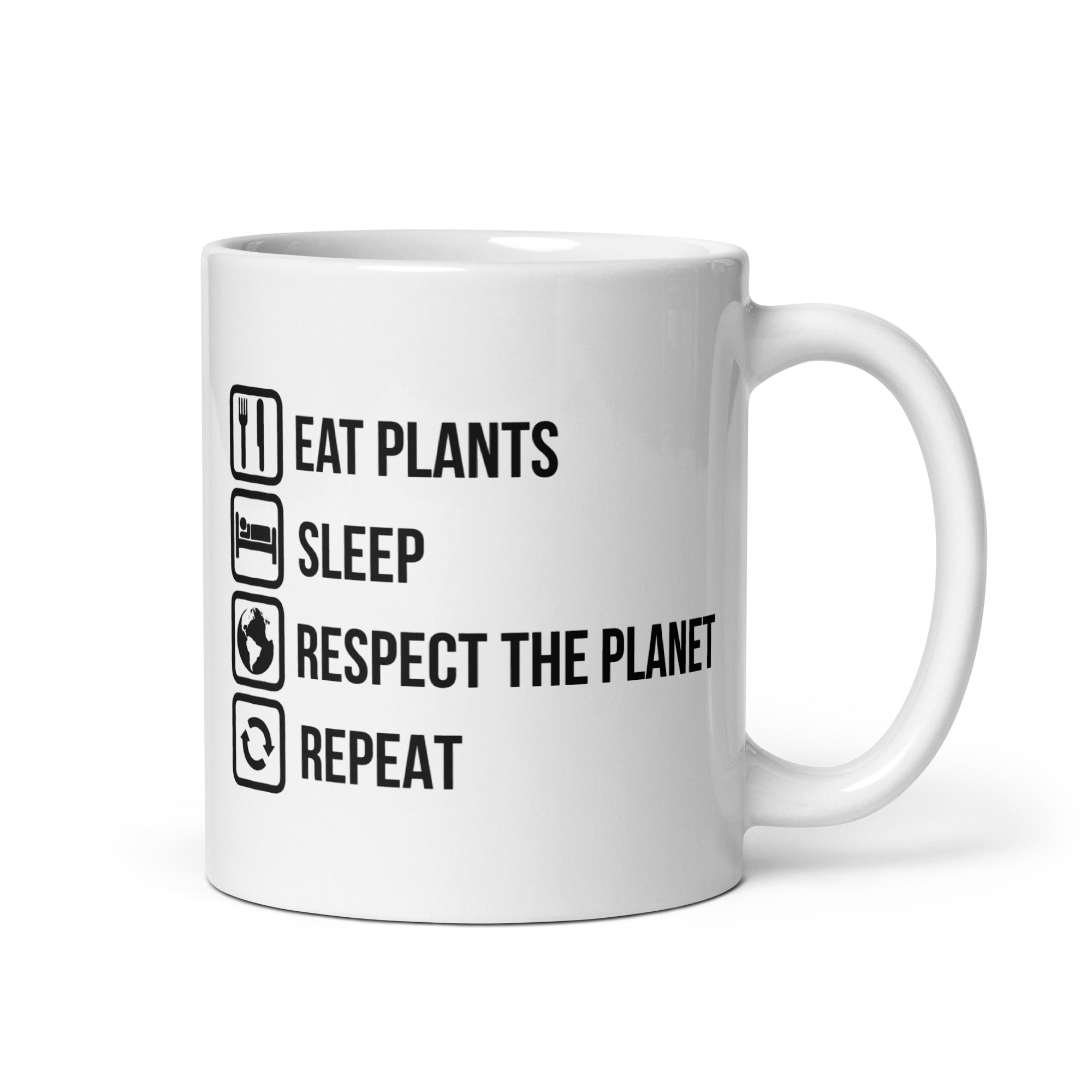 EAT PLANTS RESPECT THE PLANET White glossy mug