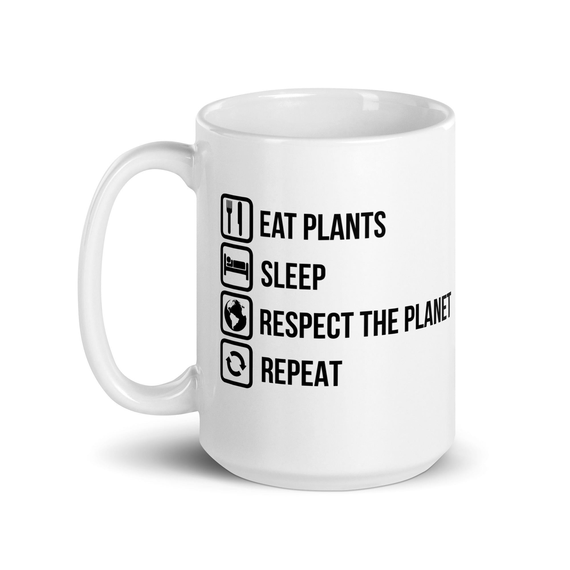 EAT PLANTS RESPECT THE PLANET White glossy mug