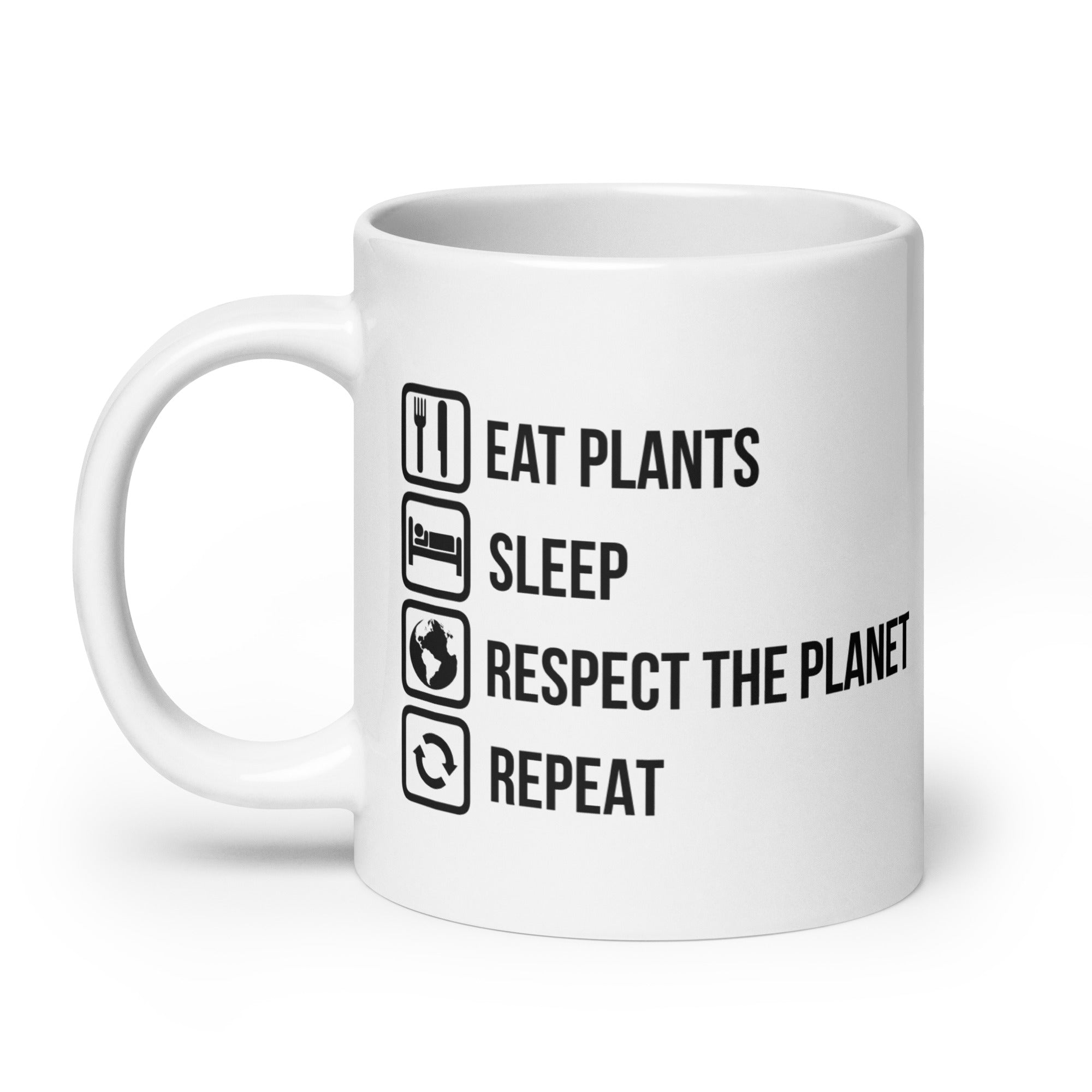 EAT PLANTS RESPECT THE PLANET White glossy mug