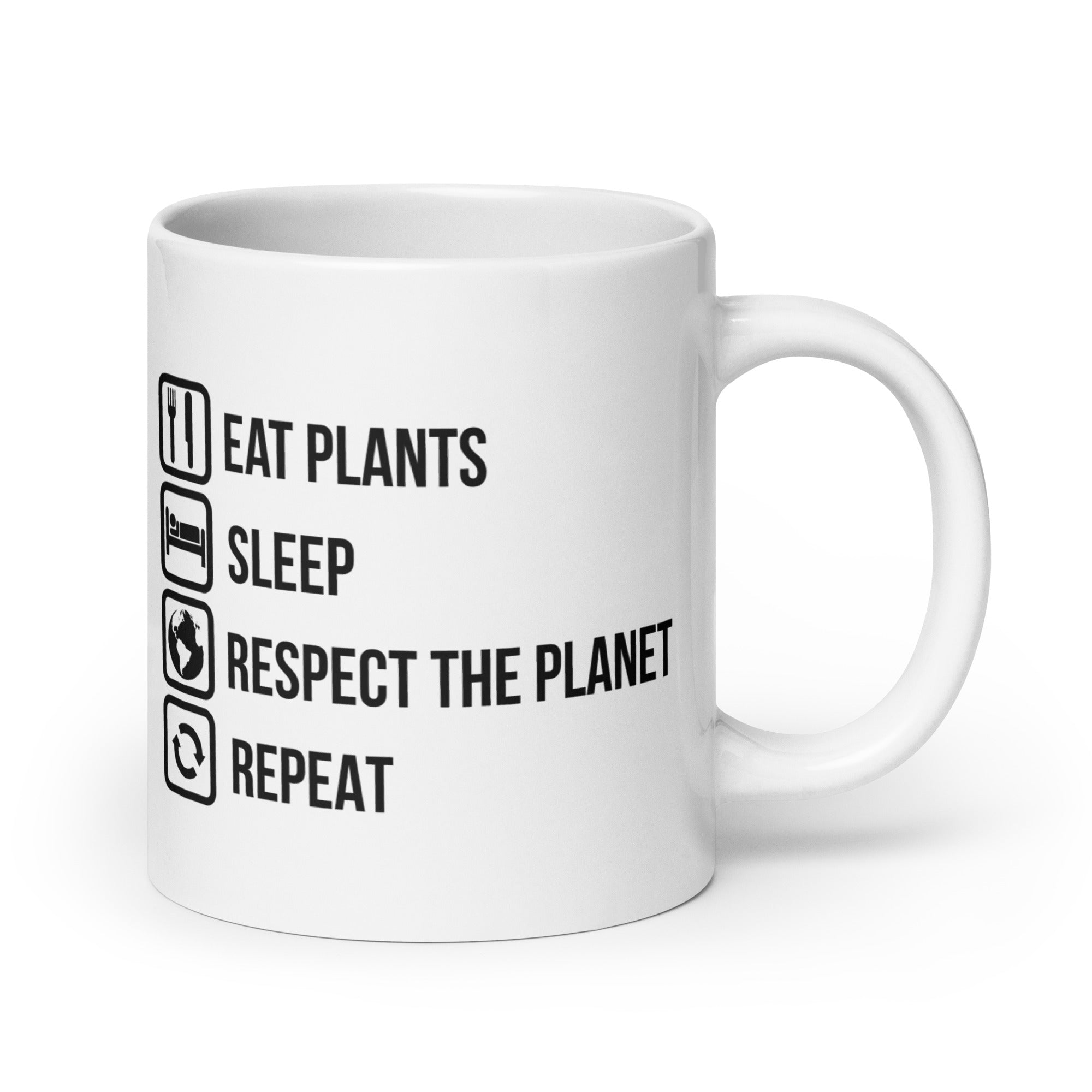 EAT PLANTS RESPECT THE PLANET White glossy mug