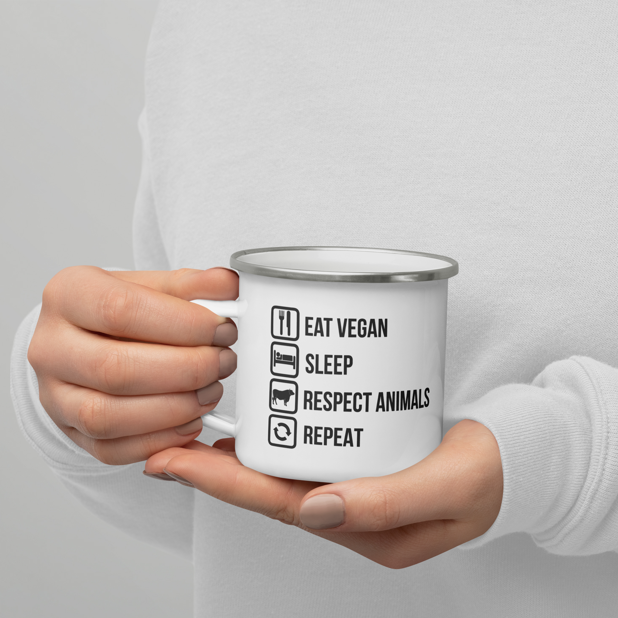 EAT VEGAN RESPECT ANIMALS REPEAT Enamel Mug