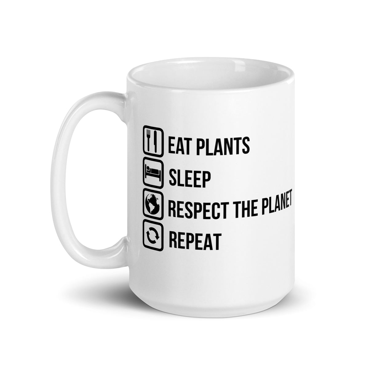 EAT PLANTS RESPECT THE PLANET White glossy mug