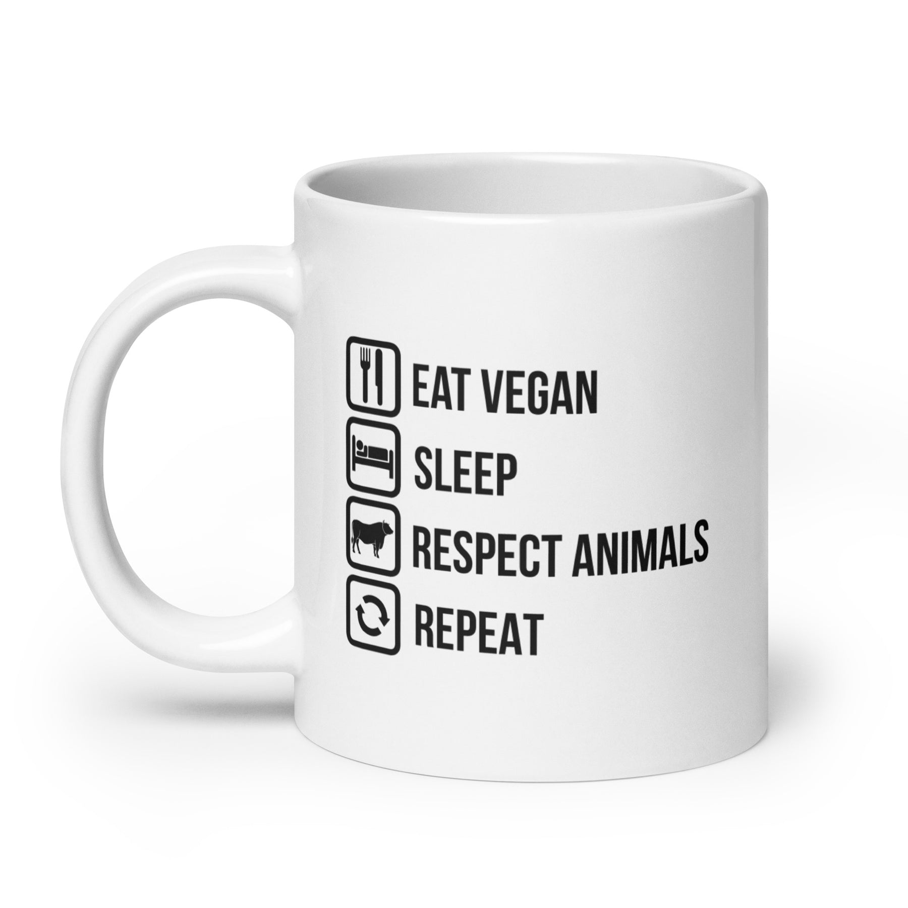 EAT VEGAN SLEEP RESPECT ANIMALS White glossy mug