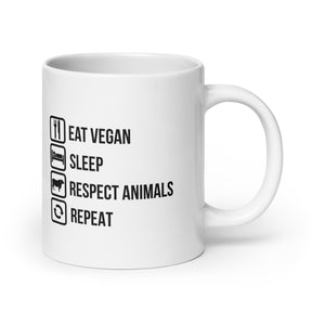 EAT VEGAN SLEEP RESPECT ANIMALS White glossy mug
