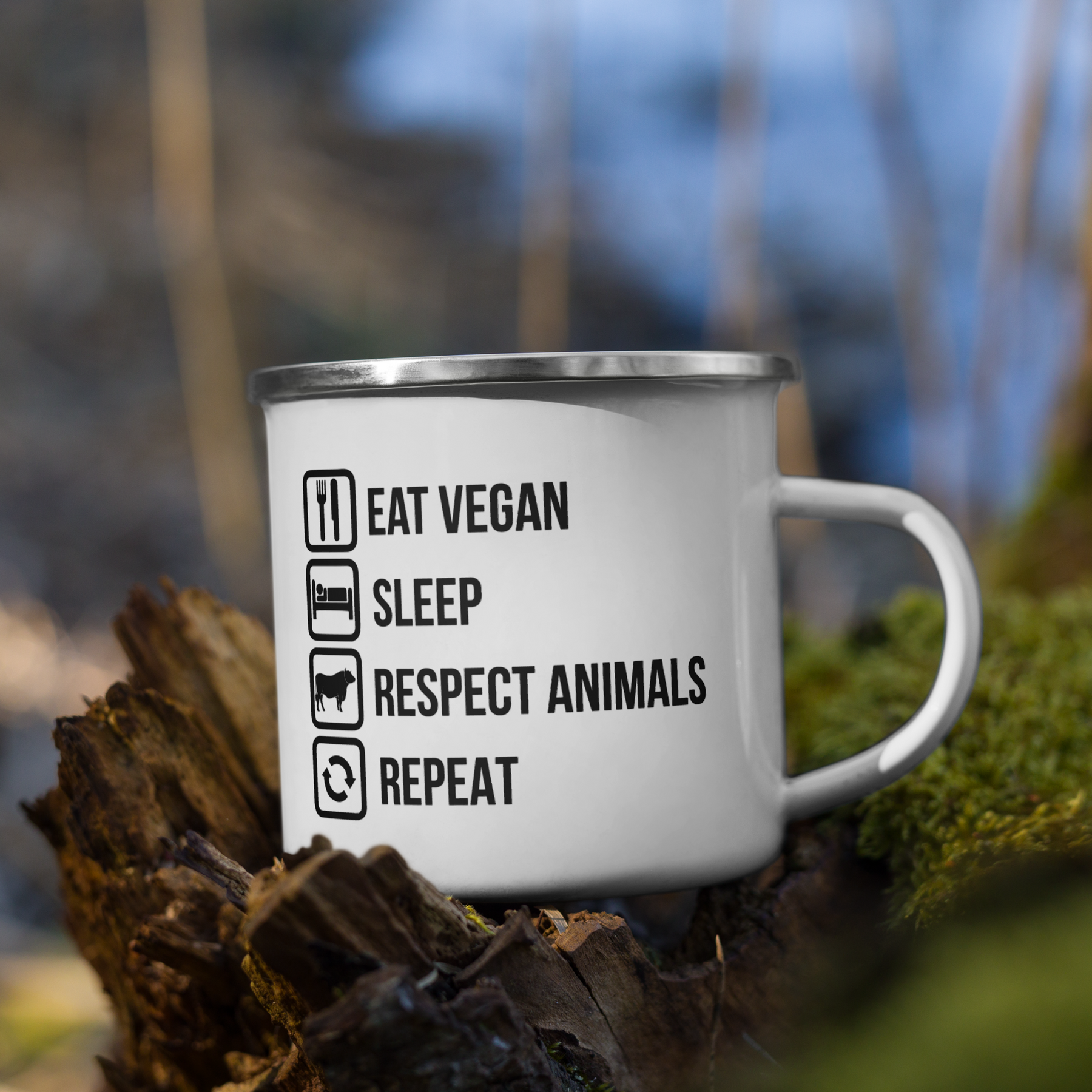 EAT VEGAN RESPECT ANIMALS REPEAT Enamel Mug